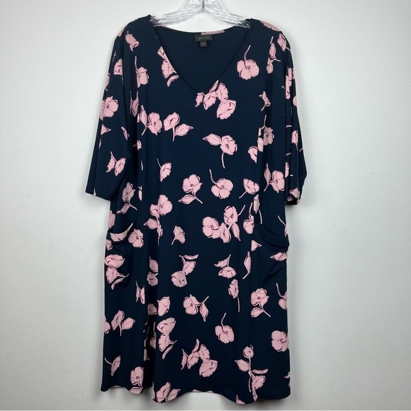 J. Jill Wearever Collection Blue Pink Floral Dress Transitional V Neck‎ Cozy LP - Picture 1 of 7